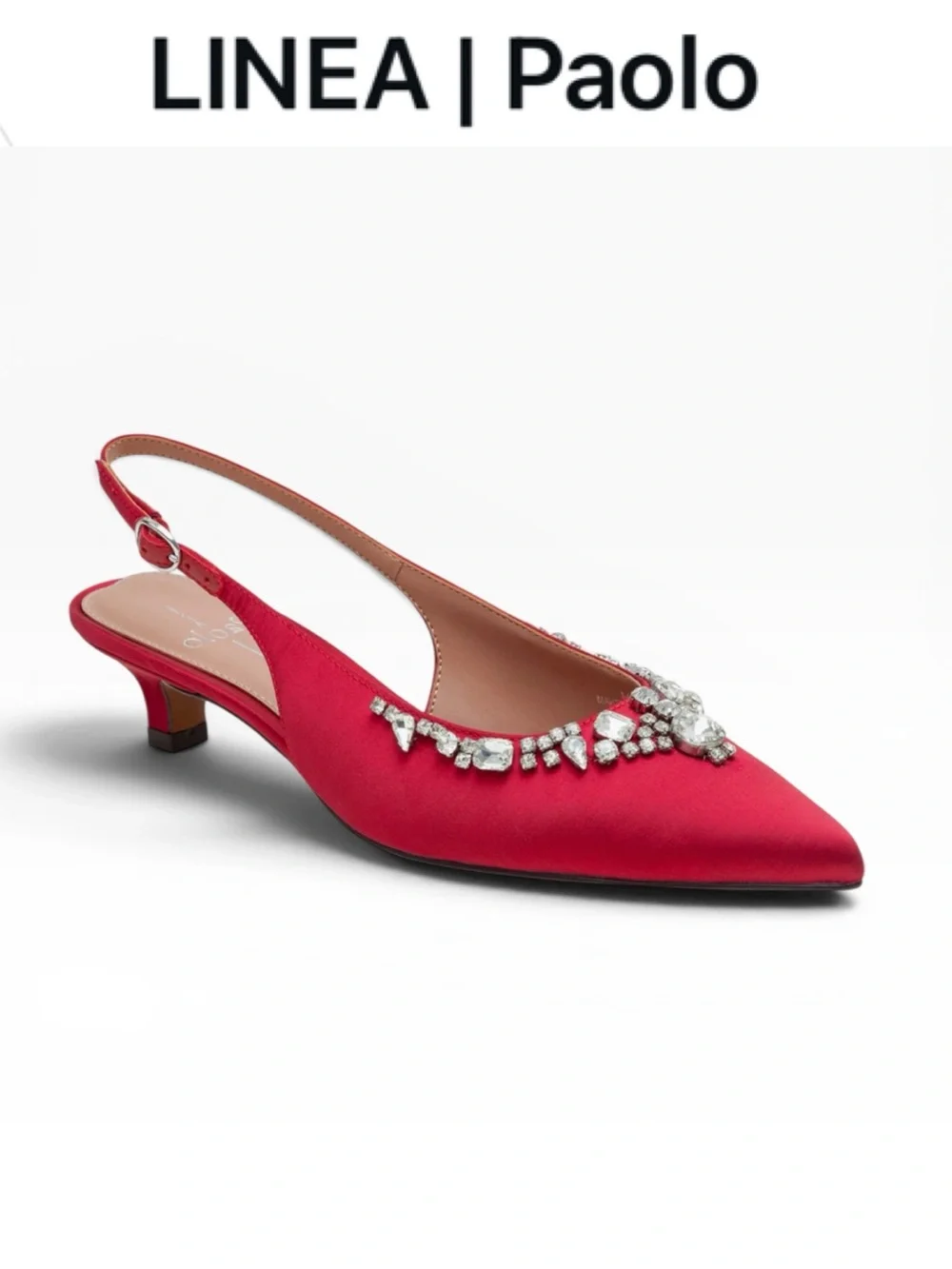 LINEA PAOLO CRYSTAL EMBELLISHED RED SATIN SLINGBACK KITTEN HEELS NIB SIZE 9.5